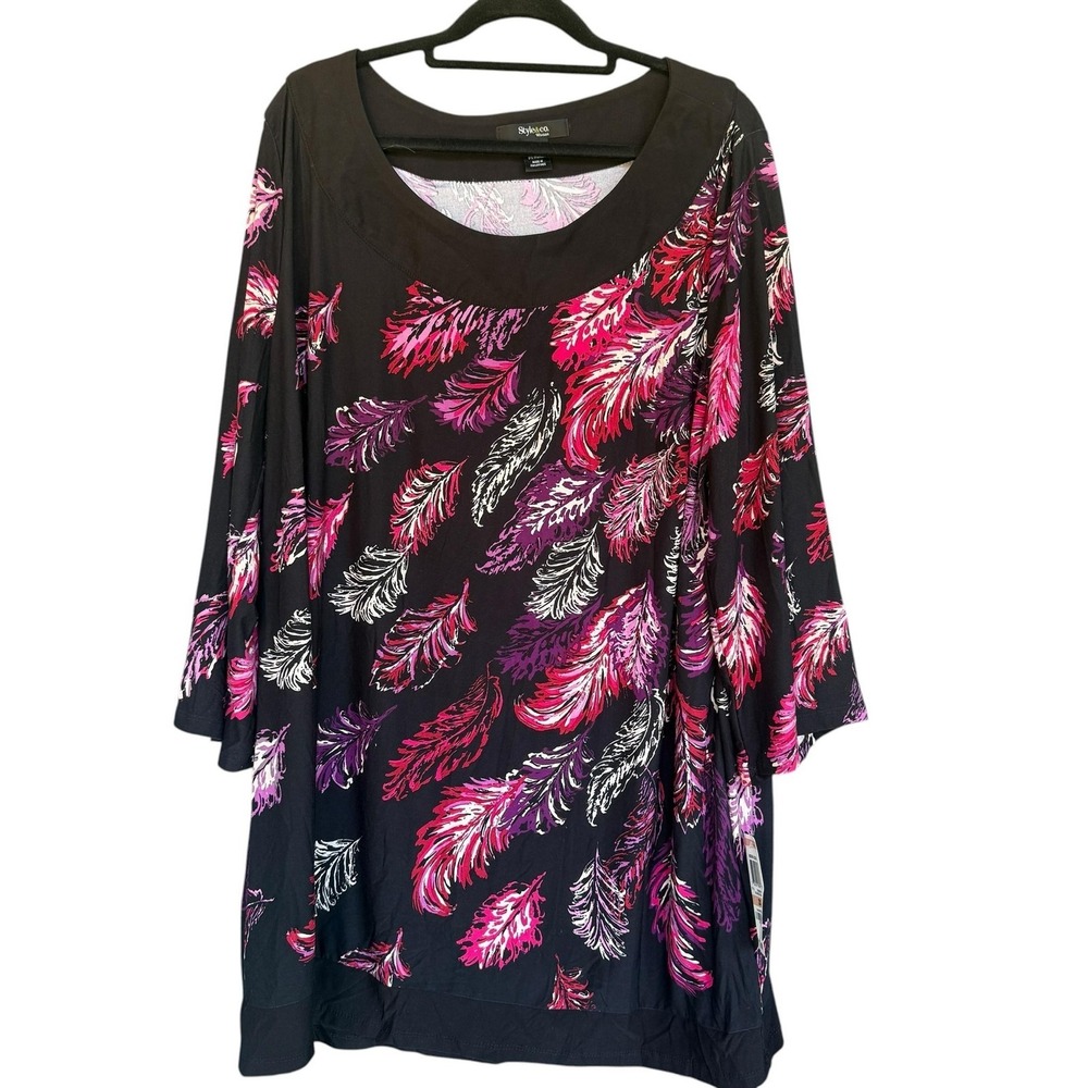 Style & Co Shirt Womens 2X Black Feather Print 3/4 Sleeve Tunic Top Plus